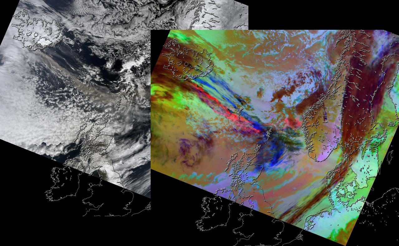 On April 15, 2010, NASA Terra spacecraft captured these images of the ongoing eruption of Iceland Eyjafjallajökull Volcano, which continues to spew ash into the atmosphere and impact air travel worldwide.