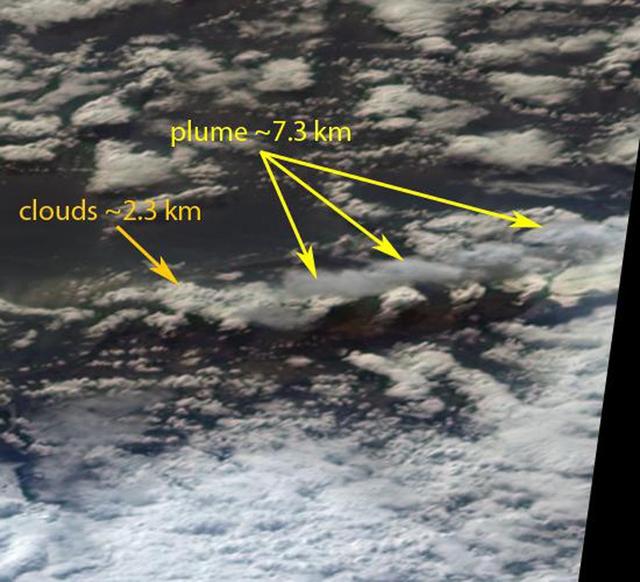 This image from NASA Terra spacecraft shows ash plumes from Eyjafjallajökull Volcano, Iceland stretching over the North Atlantic; the volcano erupted on April 14, 2010 bringing closure to major airports in Europe.