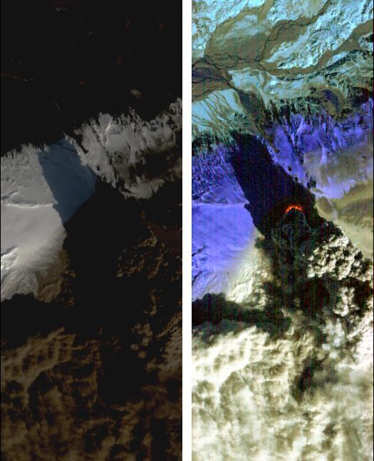 On Saturday, April 17, 2010, NASA Earth Observing-1 EO-1 spacecraft obtained this pair of images of the continuing eruption of Iceland Eyjafjallajökull volcano. On the left, new black ash deposits are visible on the ground.