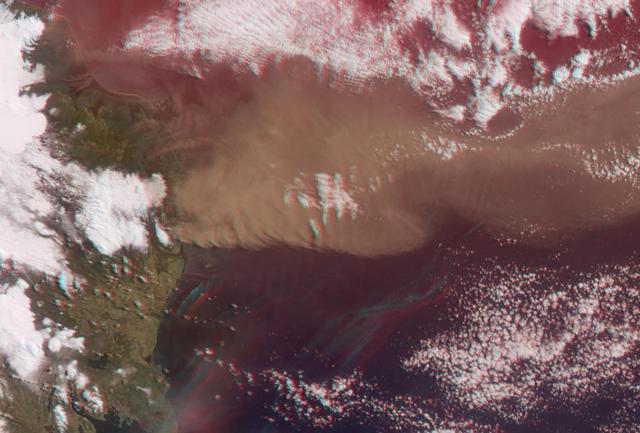 NASA Terra satellite flew directly over Iceland on April 19, 2010, to capture this stereo anaglyph generated from the nadir and 46-degree forward-viewing cameras of the Eyjafjallajökull volcano and its erupting ash plume. 3D glasses are necessary to vie