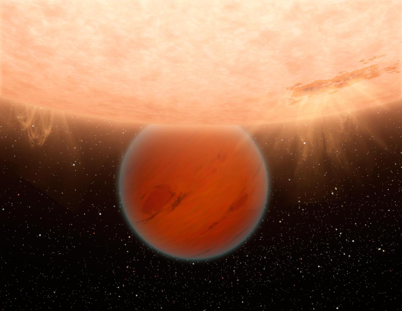 This artist concept illustrates a hot, Neptune-sized planet called GJ 436b. NASA Spitzer Space Telescope has found evidence that GJ 436b, orbiting a star beyond our sun lacks methane -- an ingredient common to many planets in our own solar system.