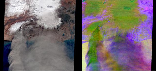 This image from NASA Terra spacecraft shows the ash plume of Iceland Eyjafyallajökull Volcano on April 19, 2010. The eruption plume and drifting veil of ash appear to be homogeneous.