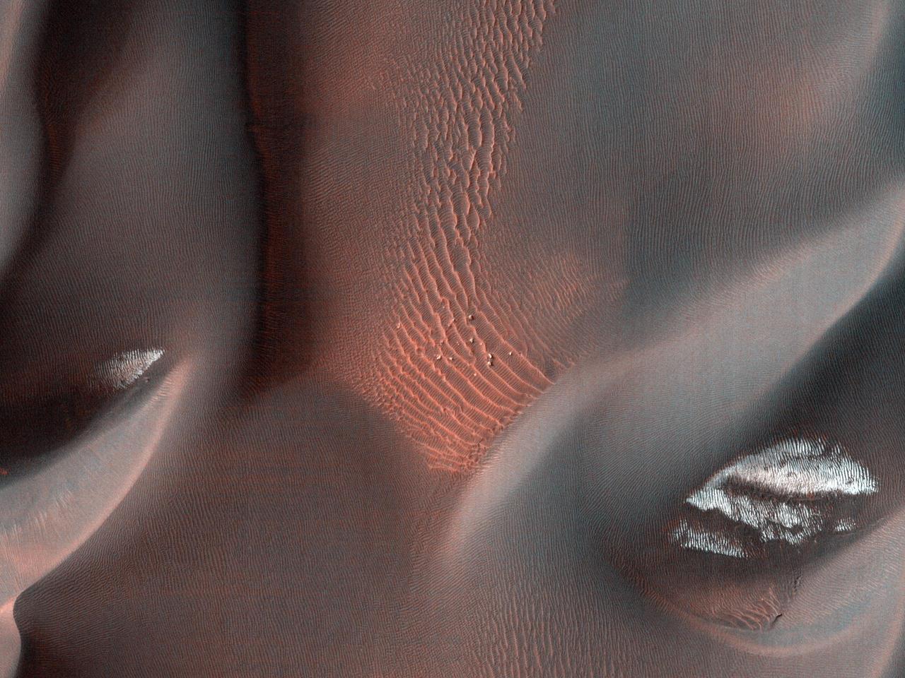 This image captured by NASA Mars Reconnaissance Orbiter shows the edge of a dark dune field on the floor of Proctor Crater, a 150 kilometer diameter crater in the southern highlands of Mars.