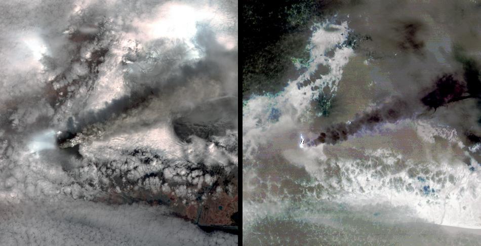 NASA Terra spacecraft captured this pair of images of Iceland Eyjafyallajökull volcano on May 3, 2010. On this day, Ireland closed its airspace for several hours due to presence of ash over the country.