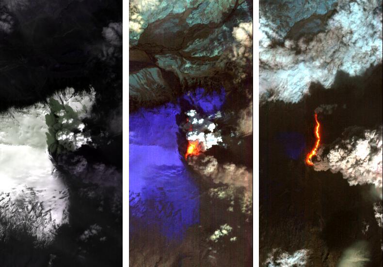 Dramatic changes have been observed at the Eyjafjallajökull volcano in Iceland by NASA's Earth Observing 1 (EO-1) spacecraft. On May 2, 2010, the Hyperion hyperspectral imager on EO-1 imaged Eyjafjallajökull and identified the extent of a lava flow extending northwards from the main eruption vent. This lava flow had been previously reported by volcanologists in Iceland, and is slowly carving its way north through the ice cap. The image on the left (Figure 1) is at visible wavelengths, and shows the persistent dark volcanic plume emanating from the main vent. This plume is still rich in ash, hence its brown coloration. This ash is still causing problems, threatening new airspace closures over parts of Europe. Large cracks at the edge of the crater are an indication of the extent of ice removal from the icecap during the eruption. To the north of this vent is another plume that is very white. This second plume is the result of ice being boiled off, generally non-explosively, by the heat from the silicate lava flow. As a result this plume is probably comprised mostly of water vapour. The black lava shows up clearly against the ice in the left-hand image. The image in the center (Figure 2) is a false-color image in the short-wavelength infrared. In this image, ice appears as blue and hot pixels appear as red. Very hot pixels appear as yellow and white. Red pixels, visible though the plume chart the extent of the lava flow, which has extended some 1.8 kilometers (1.1 miles) northwards from the area of the vent that is emitting the most energy. Total heat loss on May 2 was estimated to be at least 300 megawatts. The image on the right (Figure 3) shows the lava flow on May 4, 2010. The entire lava channel is now exposed, most of the overlying ice having been removed and the white plume has mostly disappeared. Without the plume obscuring heat loss from the lava flow, a better estimate of heat loss can be made. On May 4, the volcano was emitting at least 1,600 megawatts of energy.  Each image covers an area measuring 7.7 kilometers (4.8 miles) wide, and has a resolution of 30 meters (98 feet) per pixel. The vertical direction is north-northeast.  http://photojournal.jpl.nasa.gov/catalog/PIA13098