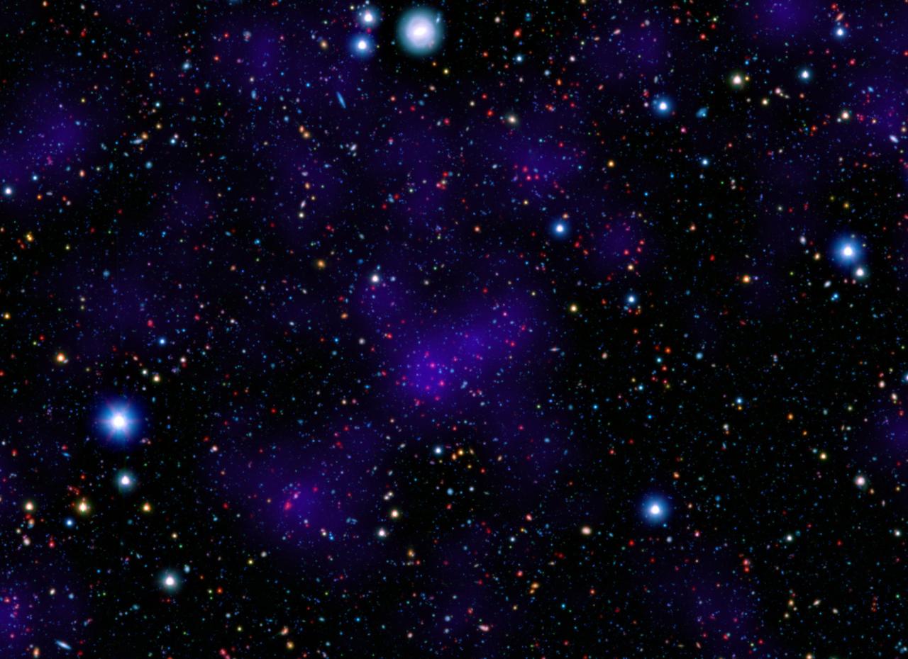 NASA Spitzer Space Telescope contributed to the infrared component of the observations of a surprisingly large collections of galaxies red dots in center. Shorter-wavelength infrared and visible data are provided by Japan Subaru telescope.