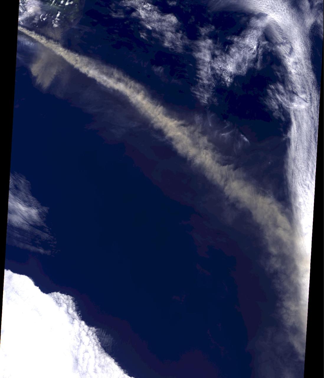 Iceland Eyjafjallajökull volcano produced its second major ash plume beginning on May 7, 2010. NASA Terra satellite passed just east of the volcano mid-morning and captured this image the same day.