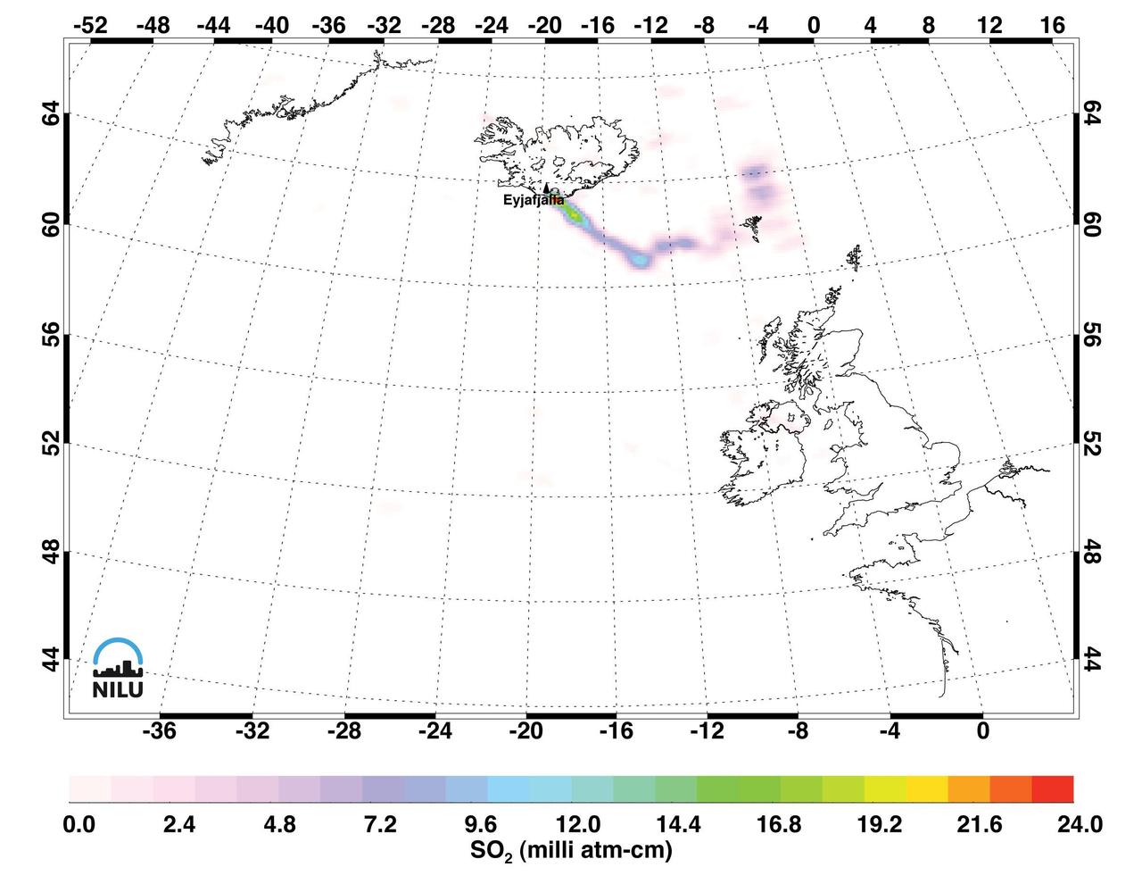 Images made with data from the Atmospheric Infrared Sounder on NASA Aqua satellite, show sulfur dioxide released from the volcanic eruption of Eyjafjallajökull.  