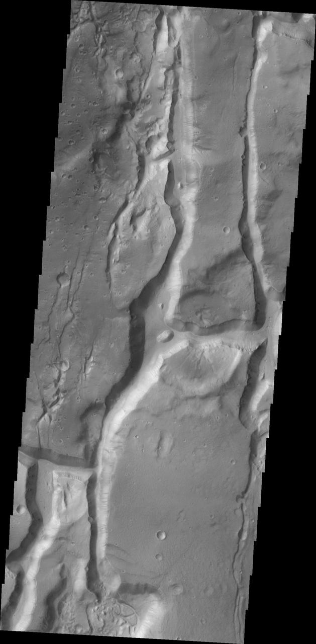 This image from NASA 2001 Mars Odyssey highlights the fractured region of a portion of Cydonai Mensae.