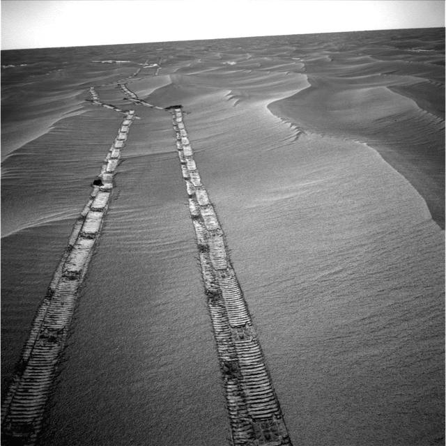 NASA rover Opportunity captured this image of the tracks the rover left on a drive from one energy-favorable position on the northern end of a sand ripple to another. The rover team calls this hopping from lily pad to lily pad.
