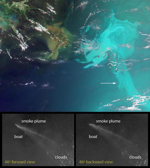 This false-color image, obtained by NASA Terra spacecraft on May 17, 2020, indicates the former location of the drilling platform red symbol and pointing to a plume of smoke white arrow.