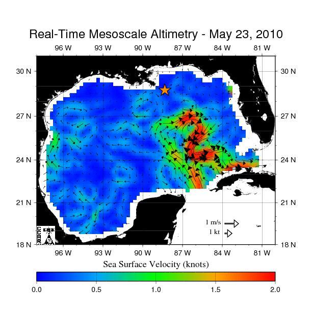 The northern portion of the Gulf of Mexico Loop Current, shown in red, appears about to detach a large ring of current, creating a separate eddy. An eddy is a large, warm, clockwise-spinning vortex of water -- the ocean version of a cyclone.