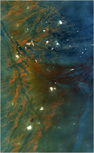 This image from NASA Airborne Visible/Infrared Imaging Spectrometer instrument AVIRIS was collected on May 17, 2010, over the site of the Deepwater Horizon BP oil spill disaster. In the image, crude oil on the surface appears orange to brown. 