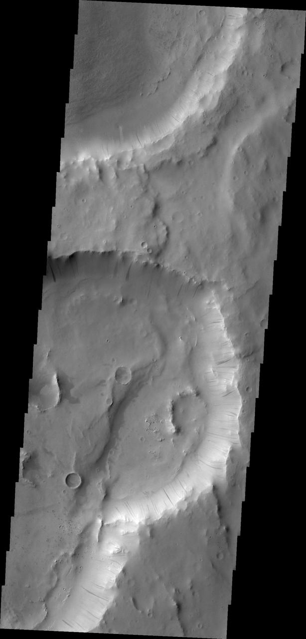 Dark slope streaks are visible on the rim of this crater in Terra Sabaea in this image captured by NASA 2001 Mars Odyssey.