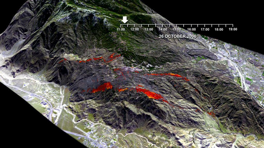 This frame is from a visualization of the rapid advance of the Esperanza Fire over the San Jacinto Mountains Riverside County, CA between 11:00 AM and 7:00 PM on October 26, 2006.