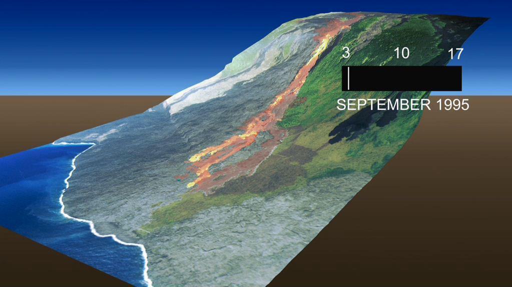 This frame from an animation, which depicts the growth of the Kamoamoa Flow Field, Kilauea Volcano, Hawaii, was generated from a sequence of ten multispectral images acquired between September 3 and 17, 1995.