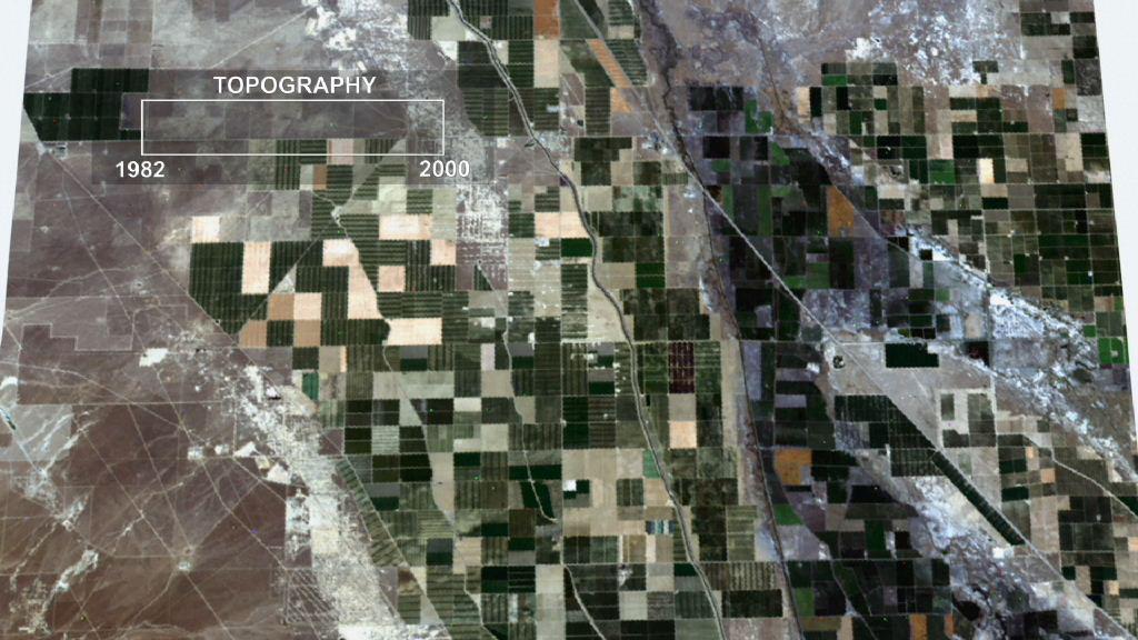 This frame from an animation depicts ground subsidence resulting from the extraction of oil. The oil fields are located near the community of Lost Hills, California, approximately 100 km northwest of Bakersfield. 