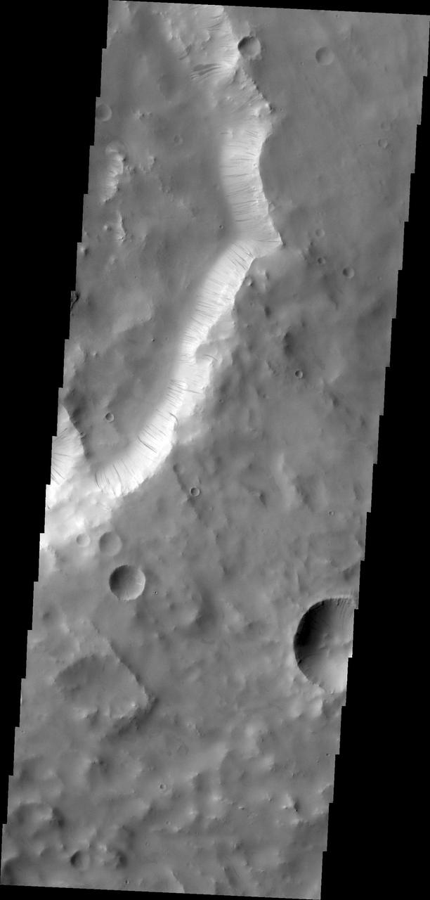 NASA 2001 Mars Odyssey captured dark slope streaks, like the ones on the rim of a unnamed crater in Terra Sabaea, are thought to have been formed by material moving down slope due to gravity.