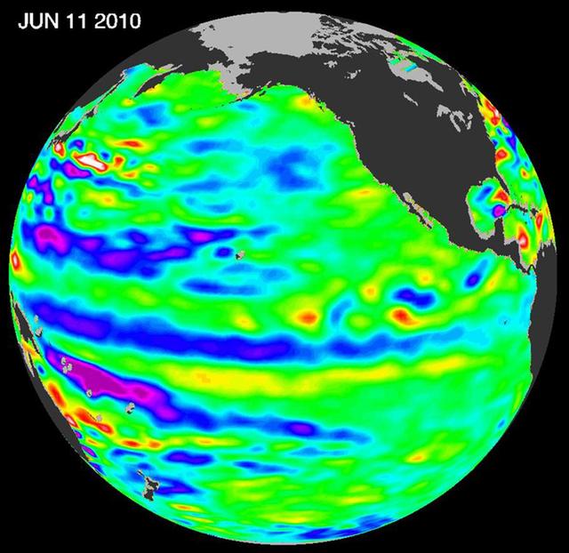 This image from NASA European Ocean Surface Topography Mission/Jason-2 shows that the moderate El Niño of the past year has officially bowed out, leaving his cool sibling, La Niña, poised to potentially take the equatorial stage.  