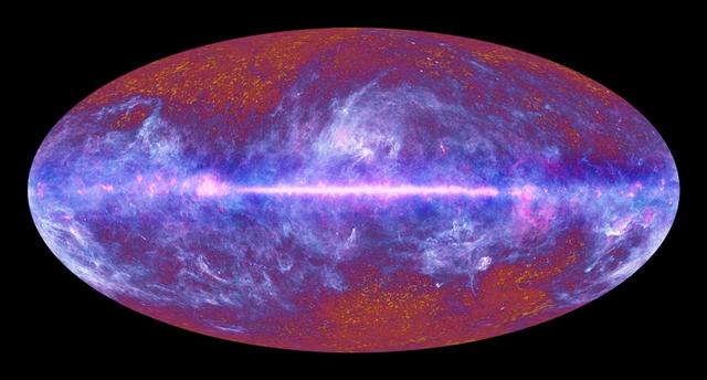 This image of the microwave sky was synthesized using data spanning the range of light frequencies detected by ESA Planck. A vast portion of the sky is dominated by the diffuse emission from gas and dust in our Milky Way galaxy.