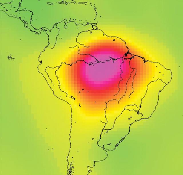 This image is from data taken by NASA Gravity Recovery and Climate Experiment showing the Amazon basin in South America. The amount of water stored in the Amazon basin varies from month to month. Animations are available at the Photojournal.