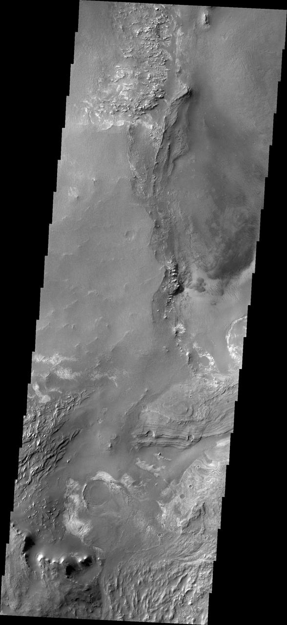 The floor of Melsa Chasma contains a variety of landforms. This image from NASA 2001 Mars Odyssey shows deposits of fine materials as well as layered deposits.
