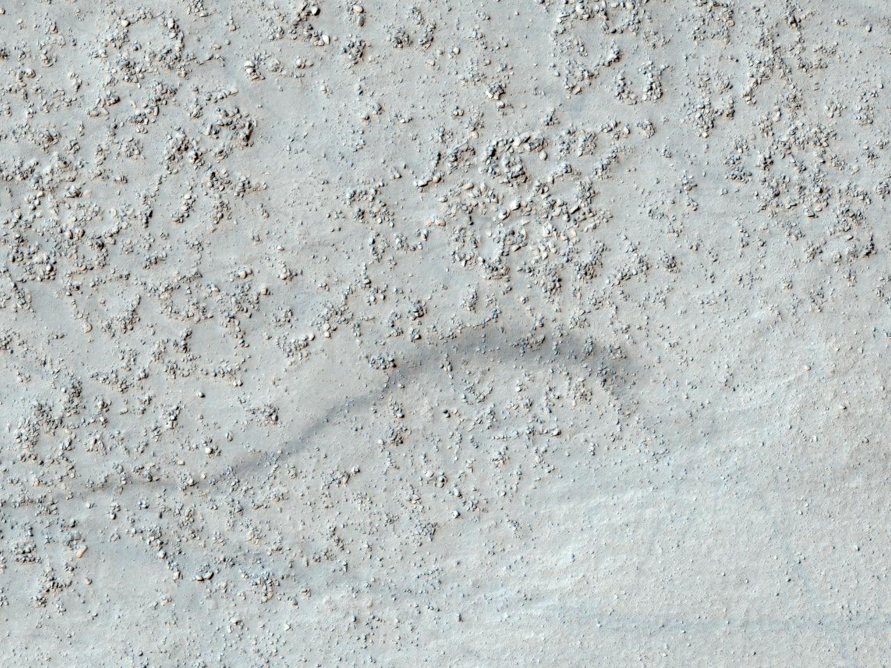 This image from NASA Mars Reconnaissance Rover shows a degraded impact crater in the southern highlands. Part of the crater rim is visible at the top and bottom of the image, with the boulder-covered crater floor in the center.