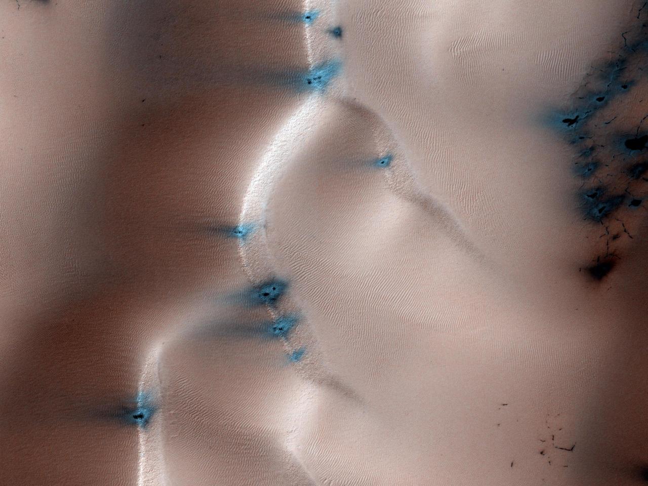 This image from NASA Mars Reconnaissance Orbiter is a view of the sand dune field in Richardson Crater covered with seasonal frost. The frost is a combination of frozen carbon dioxide and some water ice that covers the dunes in the winter and spring.