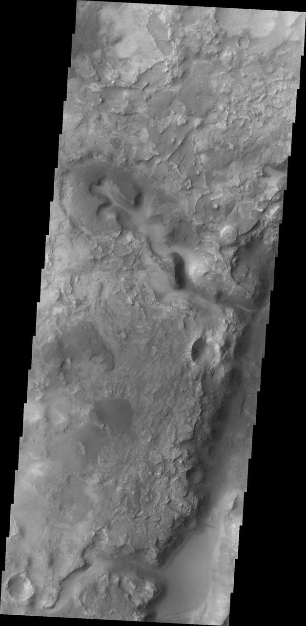 Nili Fossae, a series of tectonic fractures, is the low region on the right side of this image captured by NASA Mars Odyssey. A small channel is visible draining into the large tectonic depression.