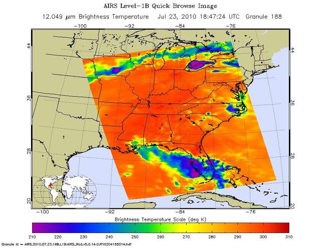 Tropical Storm Bonnie, now a depression, rakes South Florida in this infrared image from NASA Atmospheric Infrared Sounder , en route to a weekend run-in with the Gulf of Mexico and the Gulf oil spill.