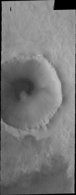 This image from NASA Mars Odyssey is an unnamed crater in the far northern lowlands containing a sand sheet with dune forms on its floor. Many craters this close to the pole contain similar dune fields.