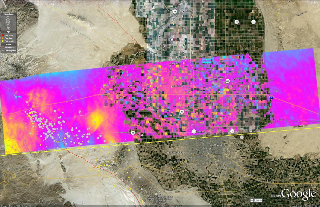 This image shows a UAVSAR interferogram swath overlaid atop a Google Earth image. New NASA airborne radar images show the continuing deformation in Earth surface resulting from the magnitude 7.2 temblor in Baja California on April 4, 2010.