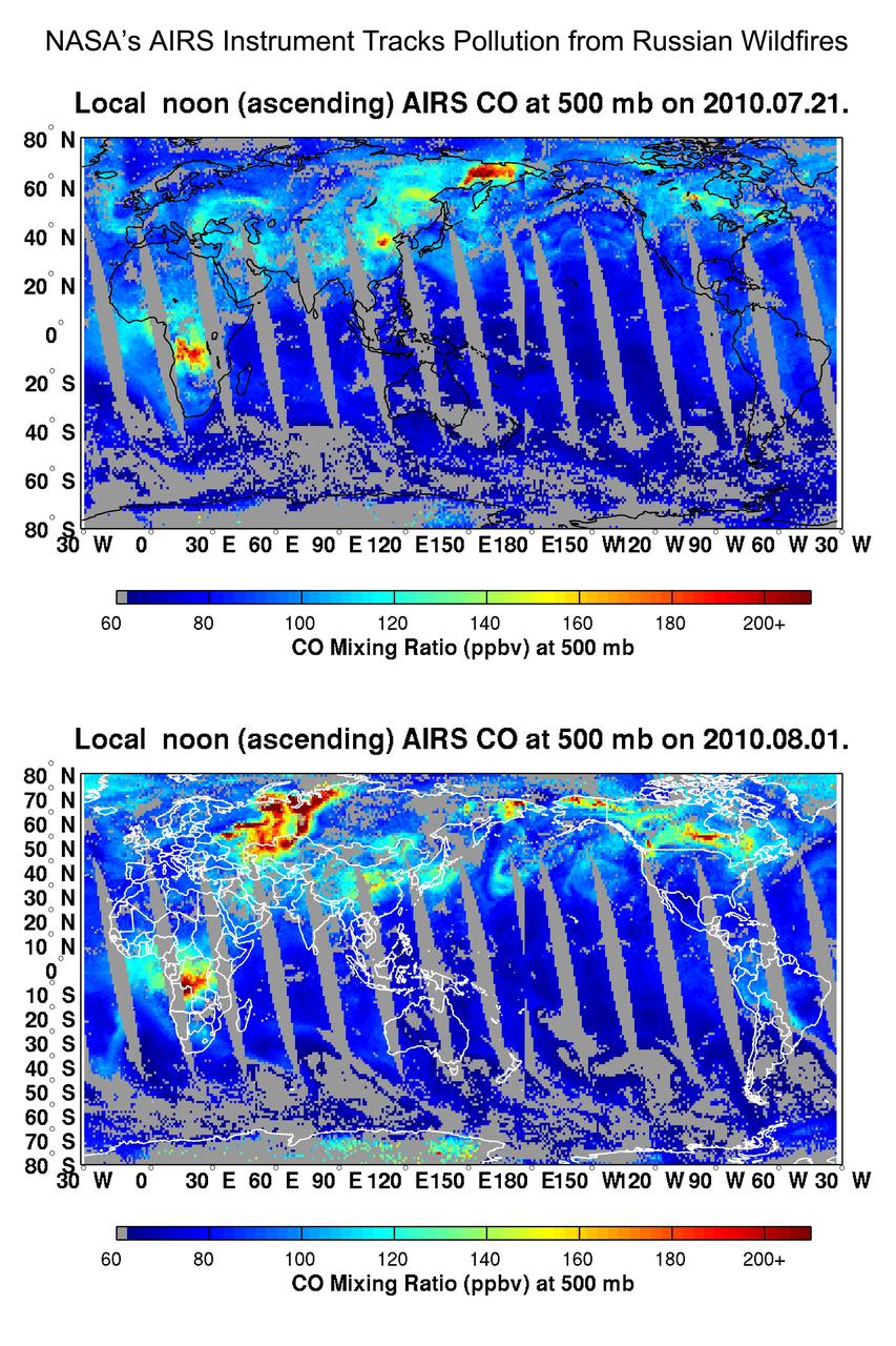 NASA Aqua spacecraft tracked the concentration and transport of carbon monoxide from Russian fires in 2010, during which time some 558 fires were burning.