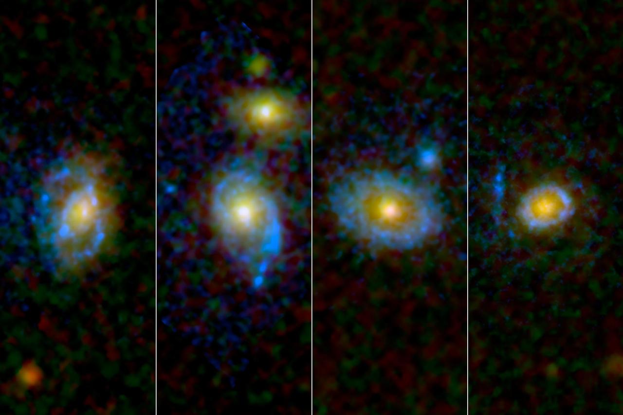 Astronomers have found unexpected rings and arcs of ultraviolet light around a selection of galaxies, four of which are shown here as viewed by NASA and the European Space Agency Hubble Space Telescope.