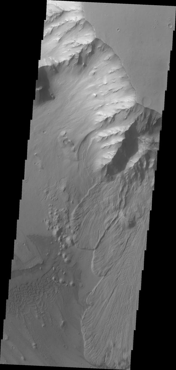 This image from NASA Mars Odyssey shows multiple landslide deposits within Ganges Chasma.