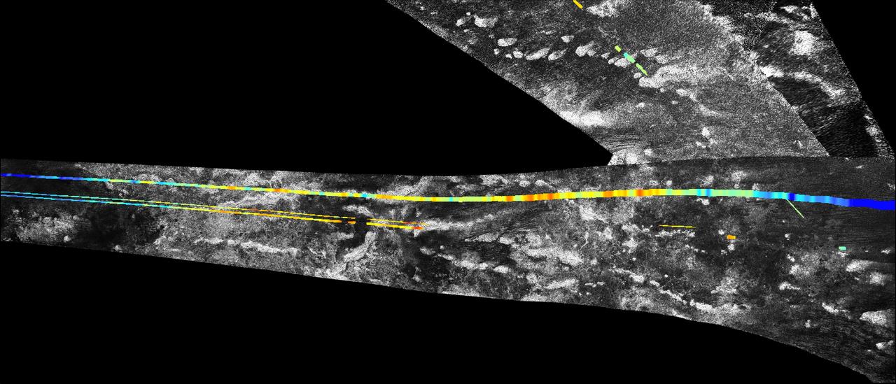 This mosaic, made from radar images obtained by NASA Cassini spacecraft, shows parallel mountain chains on Saturn moon Titan, near an equatorial region known as Adiri.