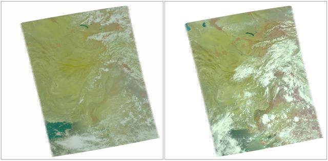 In late July 2010, flooding caused by heavy monsoon rains began in several regions of Pakistan. These images taken by NASA Aqua spacecraft show were taken before and after the flooding.