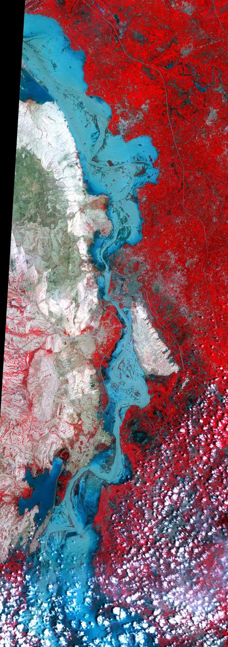On Sept. 3, 2010, NASA Terra spacecraft captured this image strip over the Indus River, Pakistan, where severe flooding caused a major humanitarian crisis.
