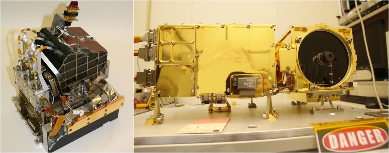 The two main parts of the ChemCam laser instrument for NASA Mars Science Laboratory mission are shown in this combined image.