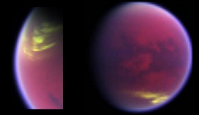 This pair of false-color images, made from data obtained by NASA Cassini spacecraft, shows clouds covering parts of Saturn moon Titan in yellow, while Titan hazy atmosphere appears magenta.