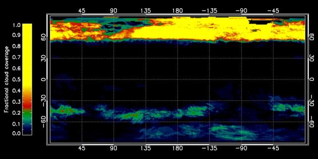This graphic, constructed from data obtained by NASA Cassini spacecraft, shows the percentage of cloud coverage across the surface of Saturn moon Titan. The color scale from black to yellow signifies no cloud coverage to complete cloud coverage.