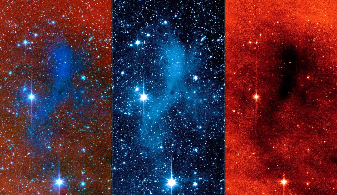 This series of images from NASA Spitzer Space Telescope shows a dark mass of gas and dust, called a core, where new stars and planets will likely spring up. This particular core lies deep within a larger dark cloud called L183.