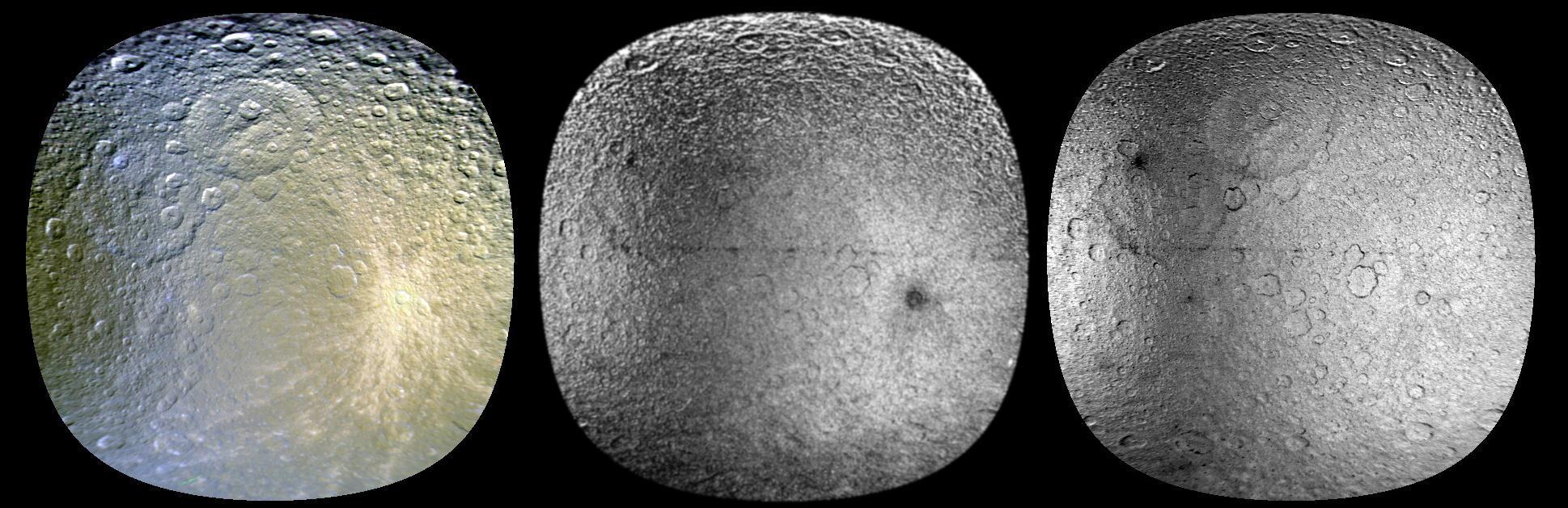 Three views of Saturn moon Rhea made from data obtained by NASA Cassini spacecraft, were enhanced to show colorful splotches and bands on the icy moon surface. Scientists believe the reddish and bluish tints came from bombardments large and small.