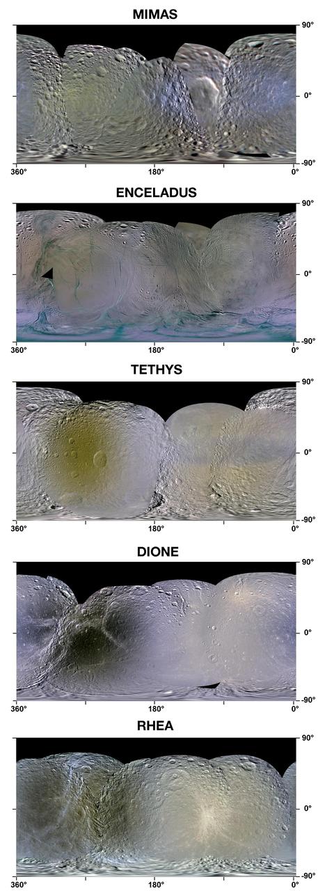 This set of enhanced-color maps made from data obtained by NASA Cassini spacecraft show Saturn moons Mimas, Enceladus, Tethys, Dione and Rhea.