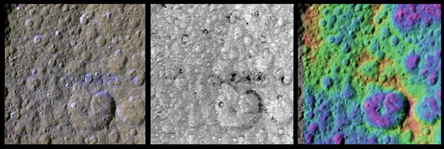 These three enhanced-color views of an equatorial region on Saturn moon Rhea were made from data obtained by NASA Cassini spacecraft. The colors have been enhanced to show colorful splotches and bands on the icy moon surface.