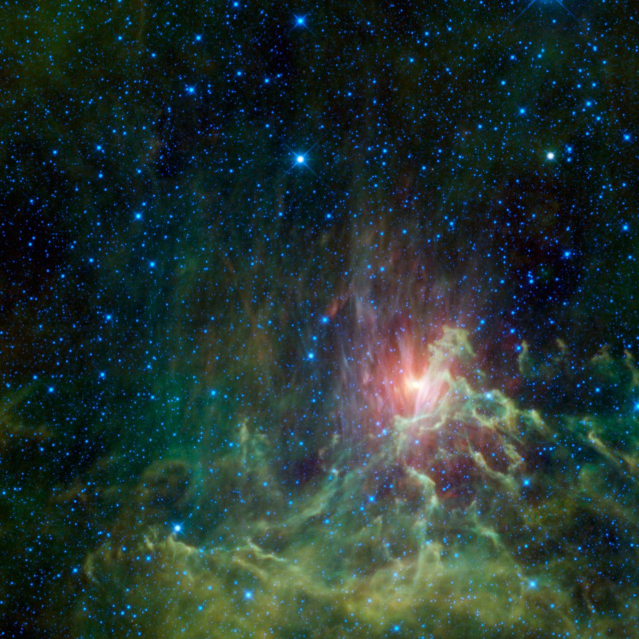 NASA Wide-field Infrared Survey captured this view of a runaway star racing away from its original home. Surrounded by a glowing cloud of gas and dust, the star AE Aurigae appears on fire. Appropriately, the cloud is called the Flaming Star nebula.