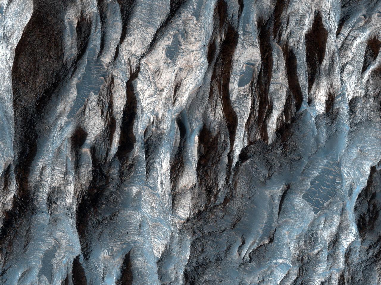 In this image from NASA Mars Reconnaissance Orbiter, there are at least two distinct geologic units, a light-toned bedrock and a surface veneer of dark-toned material that contains sand dunes.