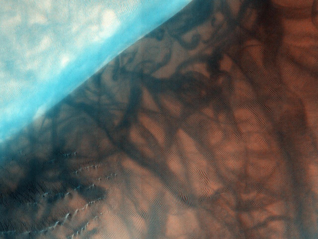 The Russell Crater dune field is covered seasonally by carbon dioxide frost; this image from NASA Mars Reconnaissance Orbiter shows the dune field after the frost has sublimated. There are just a few patches left of the bright seasonal frost.