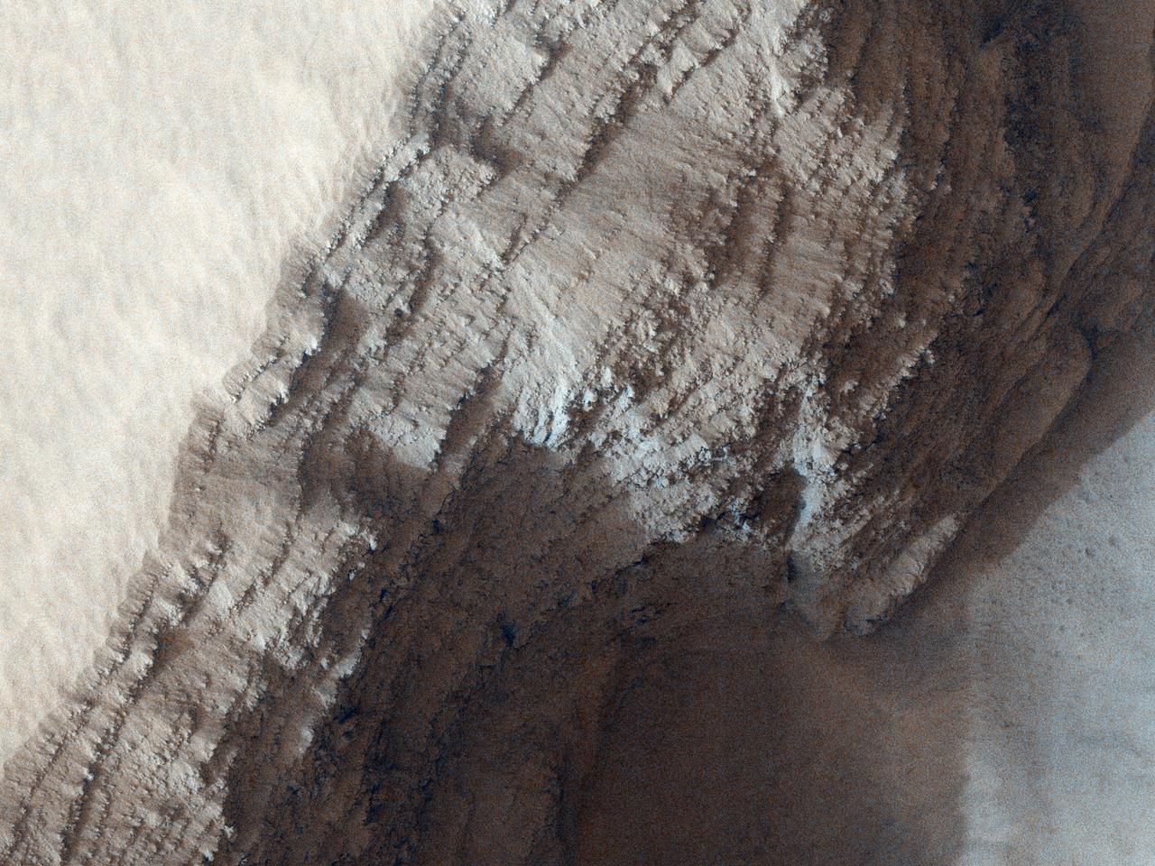 This observance from NASA Mars Reconnaissance Orbiter covers a pit in the lower West flank of Arsia Mons, one of the four giant volcanos of the Tharsis region. Many layers are exposed in the pit, probably marking individual lava flows.