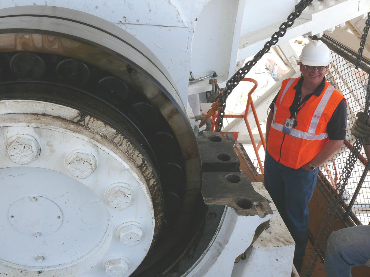 The giant Mars antenna at NASA Deep Space Network Goldstone Deep Space Communications Complex replaced four elevation bearings as part of a major refurbishment.